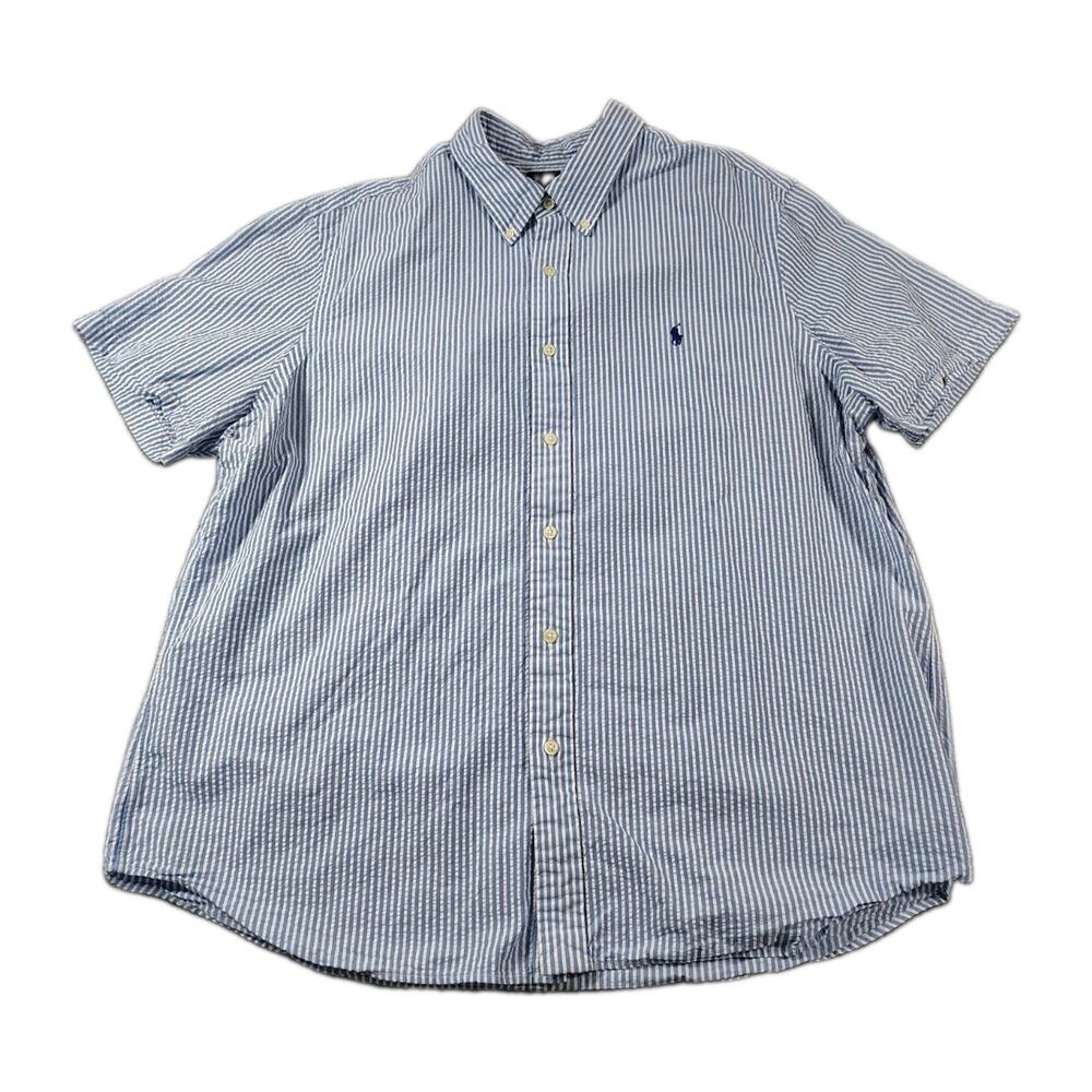 Ralph Lauren Seersucker Shirt Mens XXL Blue Striped SS Button Down Preppy EUC